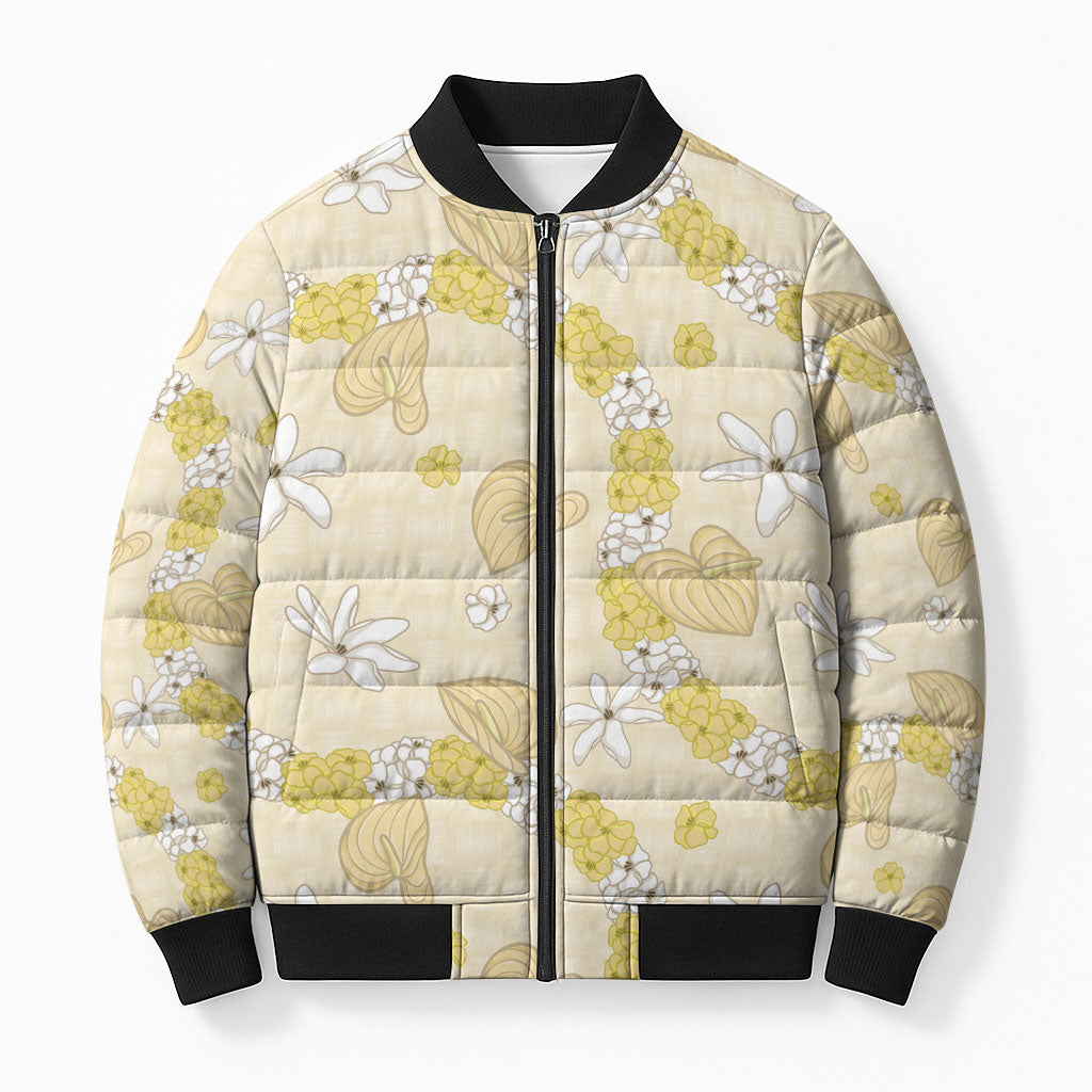 Hawaii Anthurium Tiare Pikake Lei Bomber Puffer Jacket Melemele Lauhala Art Pattern LT01 Unisex Yellow - Polynesian Pride