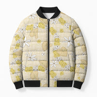 Hawaii Anthurium Tiare Pikake Lei Bomber Puffer Jacket Melemele Lauhala Art Pattern LT01 Unisex Yellow - Polynesian Pride