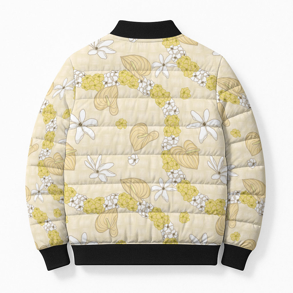 Hawaii Anthurium Tiare Pikake Lei Bomber Puffer Jacket Melemele Lauhala Art Pattern LT01 - Polynesian Pride