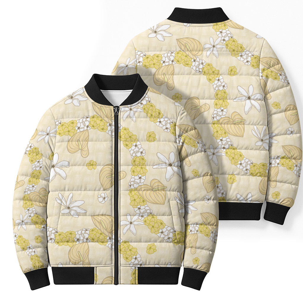 Hawaii Anthurium Tiare Pikake Lei Bomber Puffer Jacket Melemele Lauhala Art Pattern LT01 - Polynesian Pride