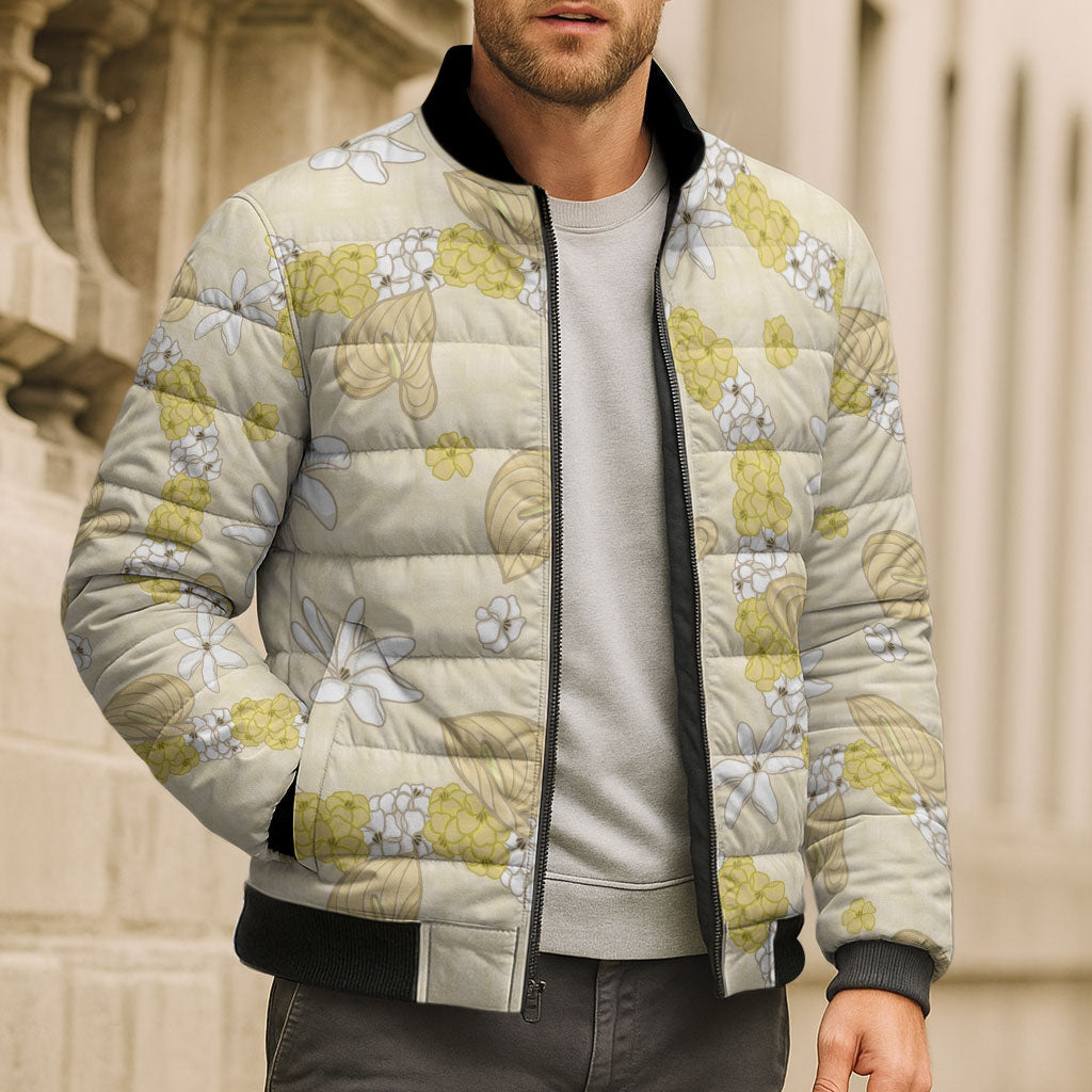 Hawaii Anthurium Tiare Pikake Lei Bomber Puffer Jacket Melemele Lauhala Art Pattern LT01 - Polynesian Pride