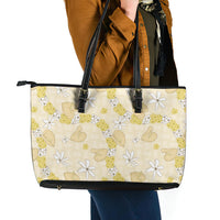 Hawaii Anthurium Tiare Pikake Lei Leather Tote Bag Melemele Lauhala Art Pattern LT01 - Polynesian Pride