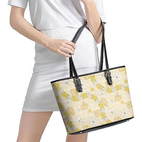 Hawaii Anthurium Tiare Pikake Lei Leather Tote Bag Melemele Lauhala Art Pattern LT01 - Polynesian Pride