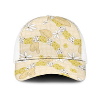 Hawaii Anthurium Tiare Pikake Lei Mesh Trucker Cap Melemele Lauhala Art Pattern LT01 One Size White Yellow - Polynesian Pride
