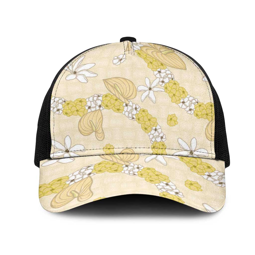 Hawaii Anthurium Tiare Pikake Lei Mesh Trucker Cap Melemele Lauhala Art Pattern LT01 One Size Black Yellow - Polynesian Pride