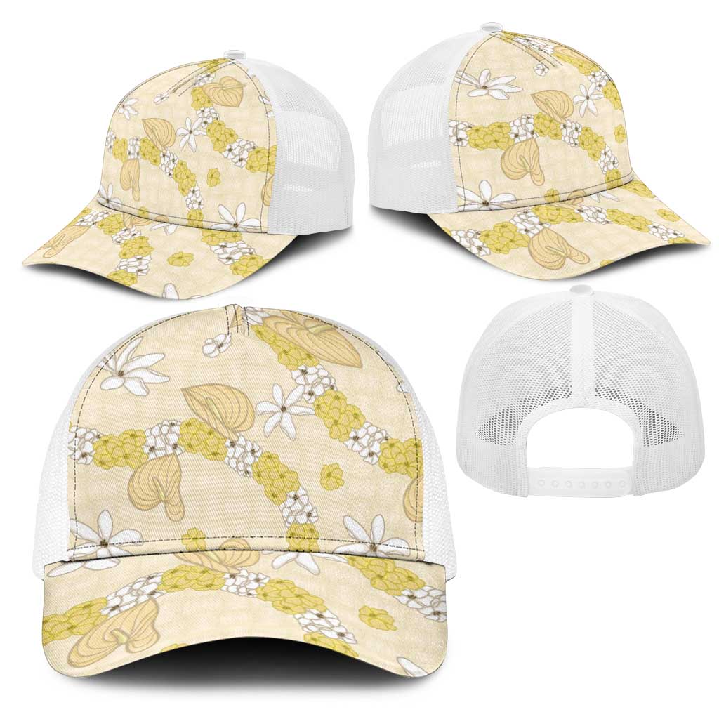 Hawaii Anthurium Tiare Pikake Lei Mesh Trucker Cap Melemele Lauhala Art Pattern LT01 - Polynesian Pride