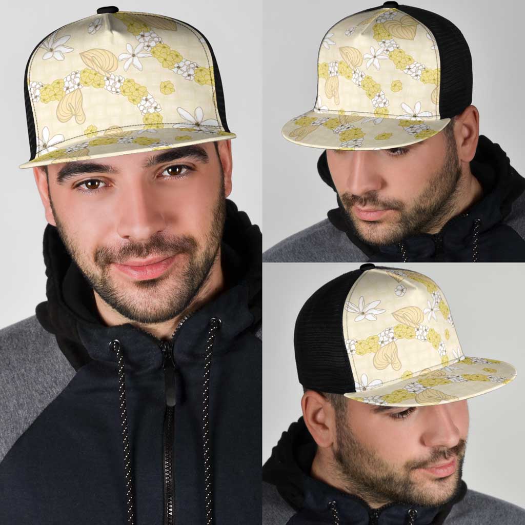 Hawaii Anthurium Tiare Pikake Lei Mesh Trucker Cap Melemele Lauhala Art Pattern LT01 - Polynesian Pride