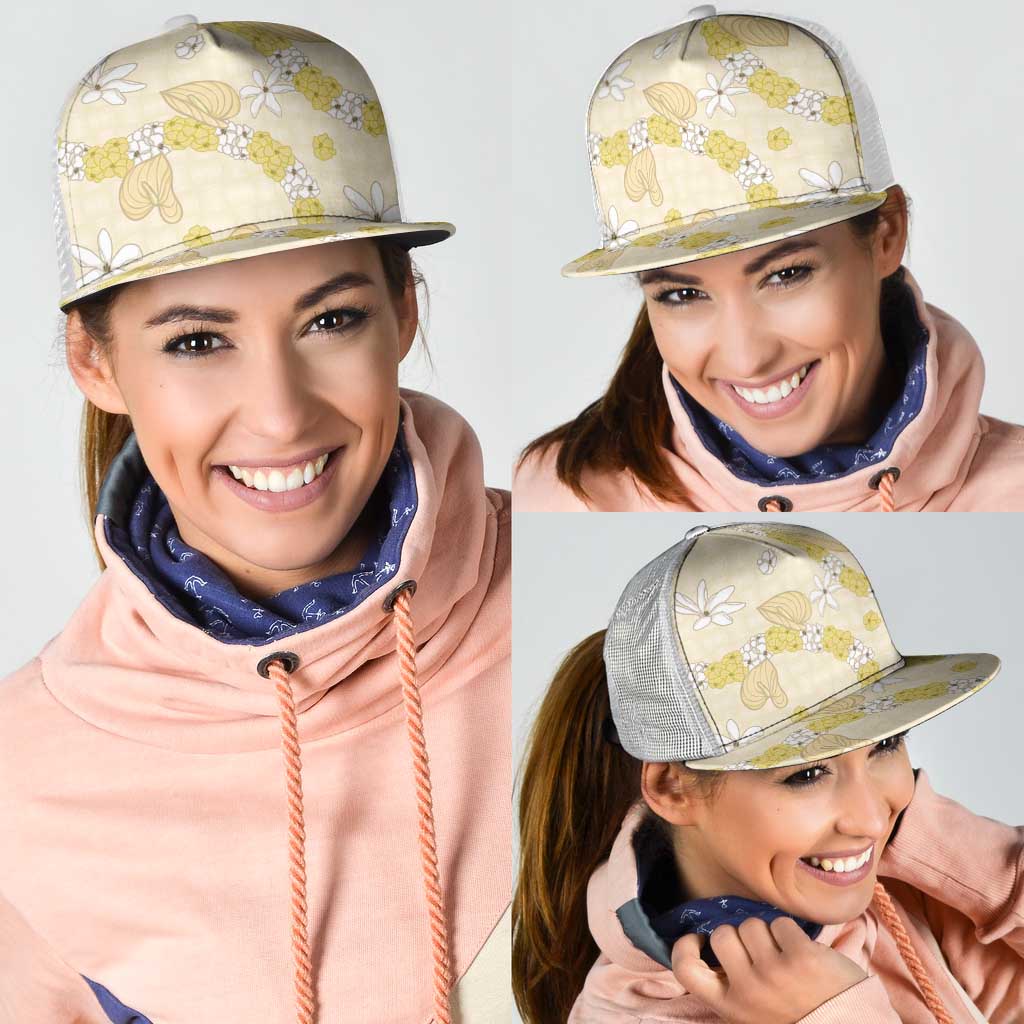 Hawaii Anthurium Tiare Pikake Lei Mesh Trucker Cap Melemele Lauhala Art Pattern LT01 - Polynesian Pride