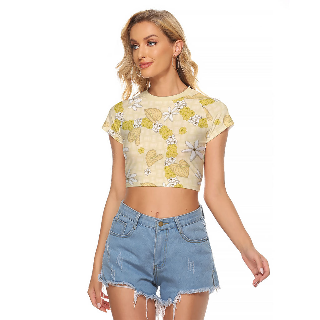 Hawaii Anthurium Tiare Pikake Lei Raglan Cropped T Shirt Melemele Lauhala Art Pattern LT01 Female Yellow - Polynesian Pride