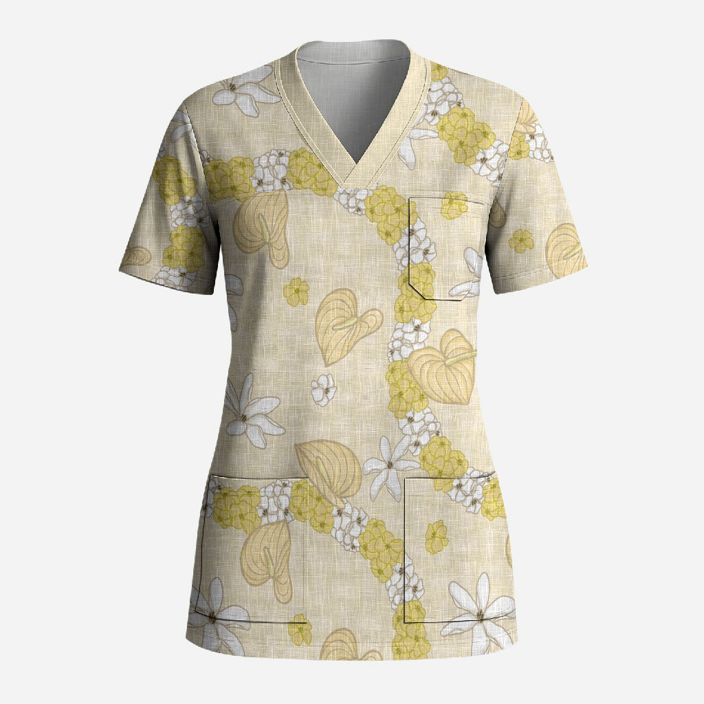 Hawaii Anthurium Tiare Pikake Lei Scrub Top Melemele Lauhala Art Pattern LT01 Adult Yellow - Polynesian Pride