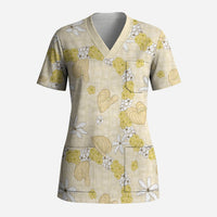 Hawaii Anthurium Tiare Pikake Lei Scrub Top Melemele Lauhala Art Pattern LT01 Adult Yellow - Polynesian Pride