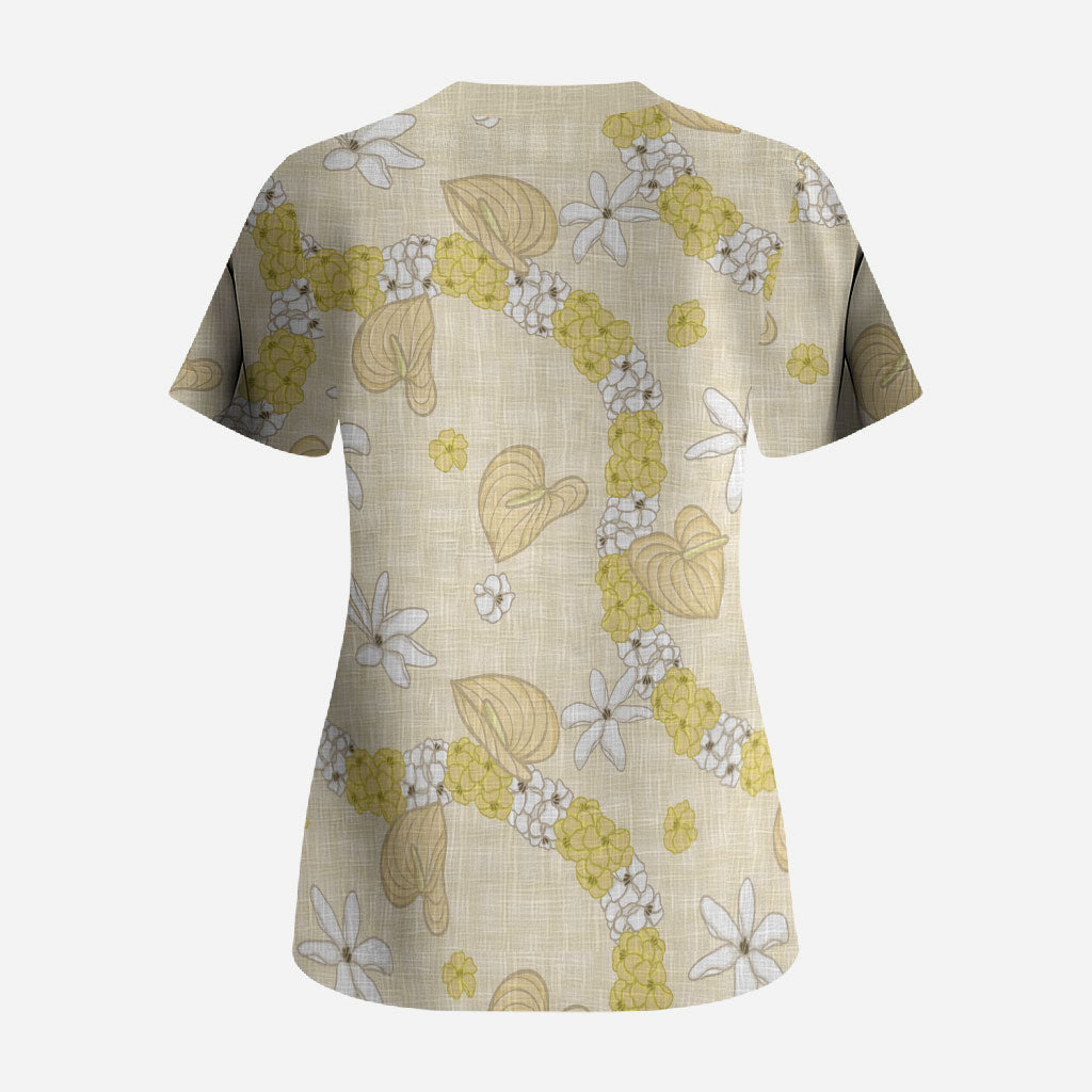 Hawaii Anthurium Tiare Pikake Lei Scrub Top Melemele Lauhala Art Pattern LT01 - Polynesian Pride