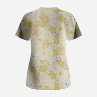 Hawaii Anthurium Tiare Pikake Lei Scrub Top Melemele Lauhala Art Pattern LT01 - Polynesian Pride