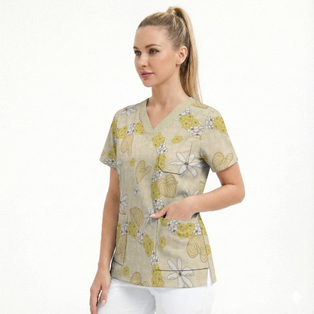 Hawaii Anthurium Tiare Pikake Lei Scrub Top Melemele Lauhala Art Pattern LT01 - Polynesian Pride