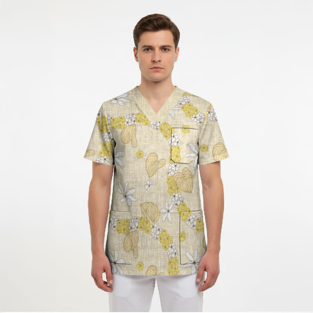 Hawaii Anthurium Tiare Pikake Lei Scrub Top Melemele Lauhala Art Pattern LT01 - Polynesian Pride