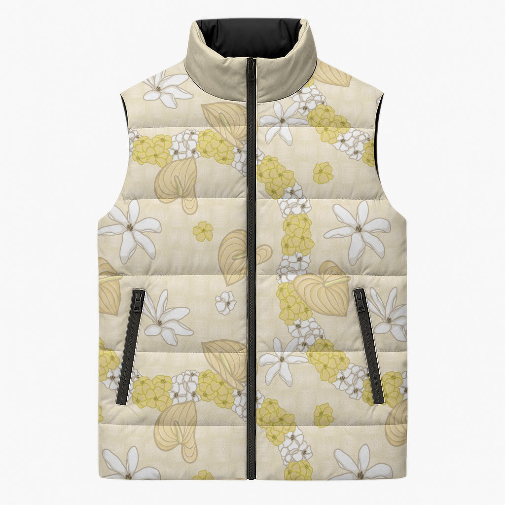 Hawaii Anthurium Tiare Pikake Lei Sleeveless Puffer Jacket Melemele Lauhala Art Pattern LT01 Unisex Yellow - Polynesian Pride