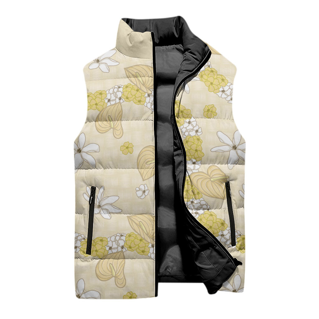 Hawaii Anthurium Tiare Pikake Lei Sleeveless Puffer Jacket Melemele Lauhala Art Pattern LT01 - Polynesian Pride