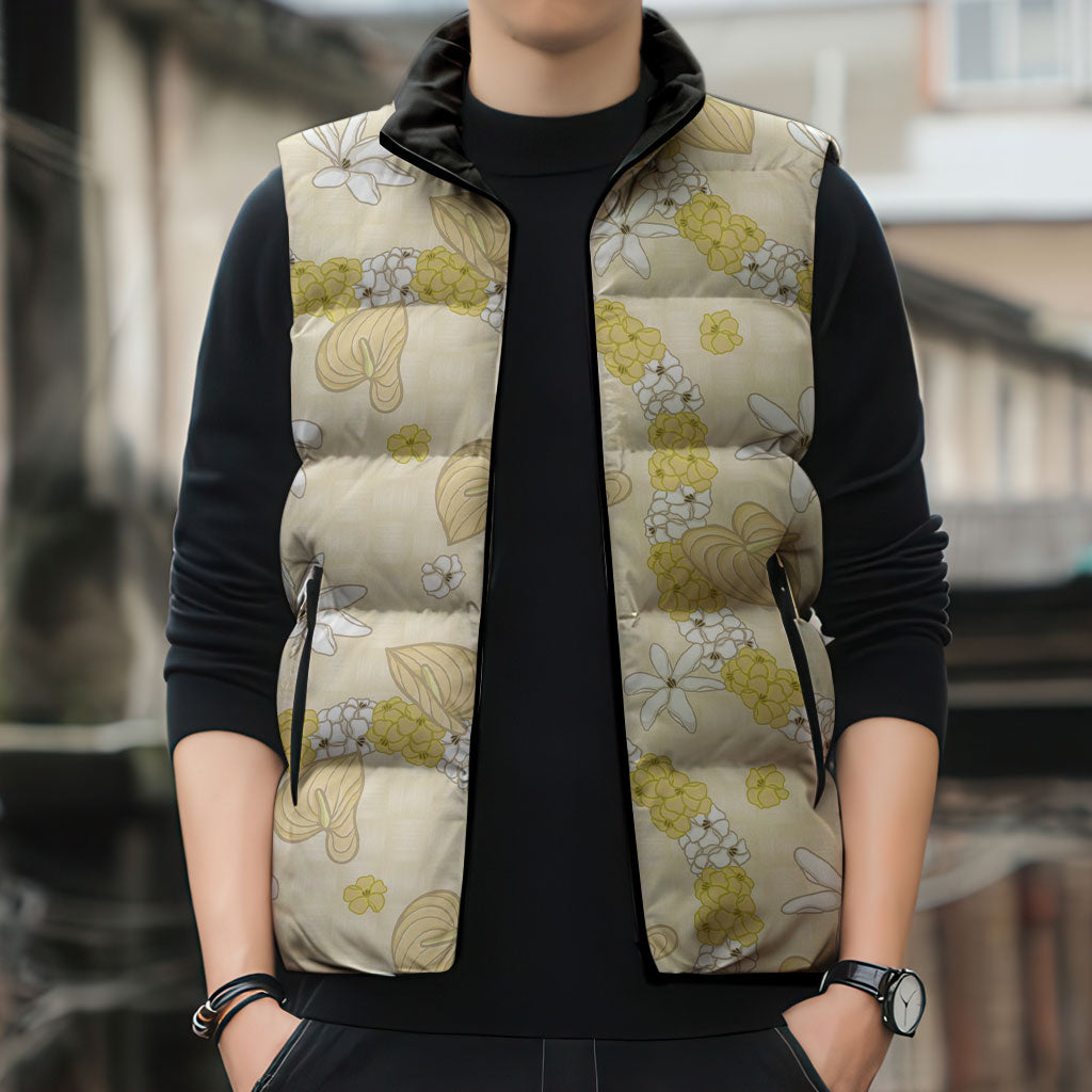 Hawaii Anthurium Tiare Pikake Lei Sleeveless Puffer Jacket Melemele Lauhala Art Pattern LT01 - Polynesian Pride