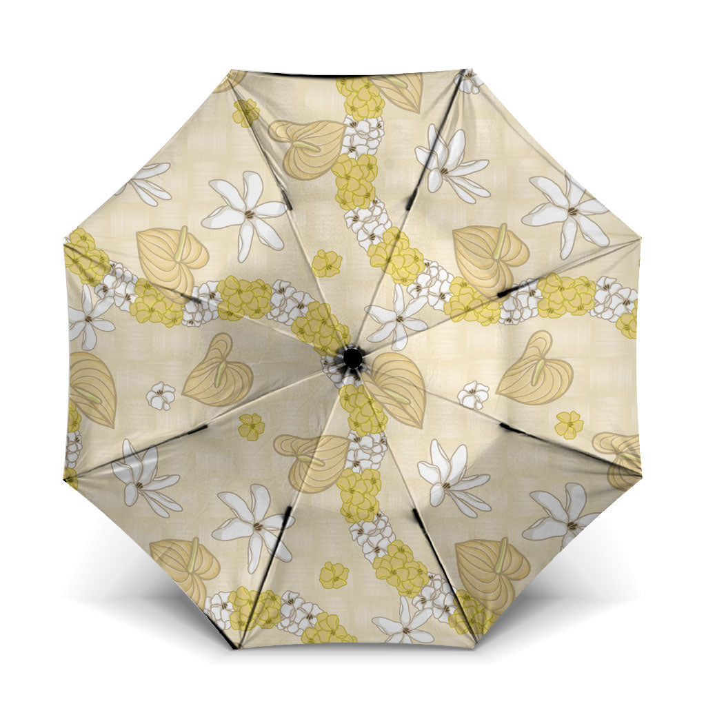 Hawaii Anthurium Tiare Pikake Lei Umbrella Melemele Lauhala Art Pattern LT01 One Size Folded 11.42 inch Opened Diameter 37.4 inch Yellow - Polynesian Pride