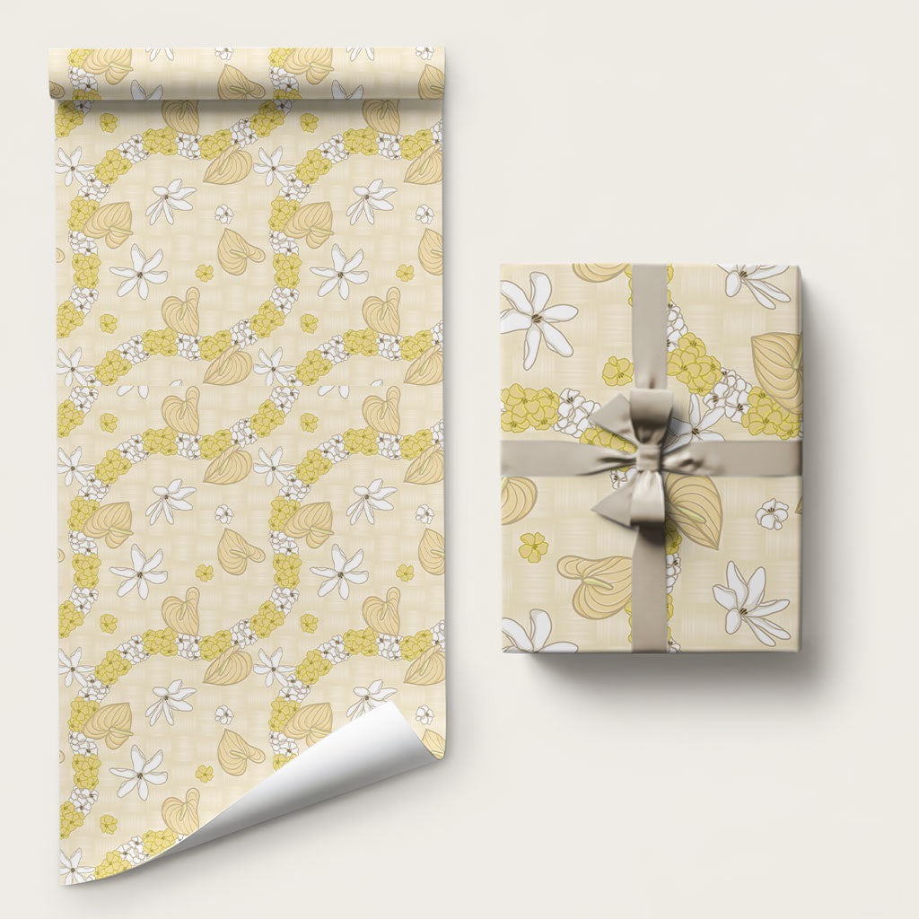 Hawaii Anthurium Tiare Pikake Lei Wrapping Paper Melemele Lauhala Art Pattern LT01 58" × 23" Yellow - Polynesian Pride