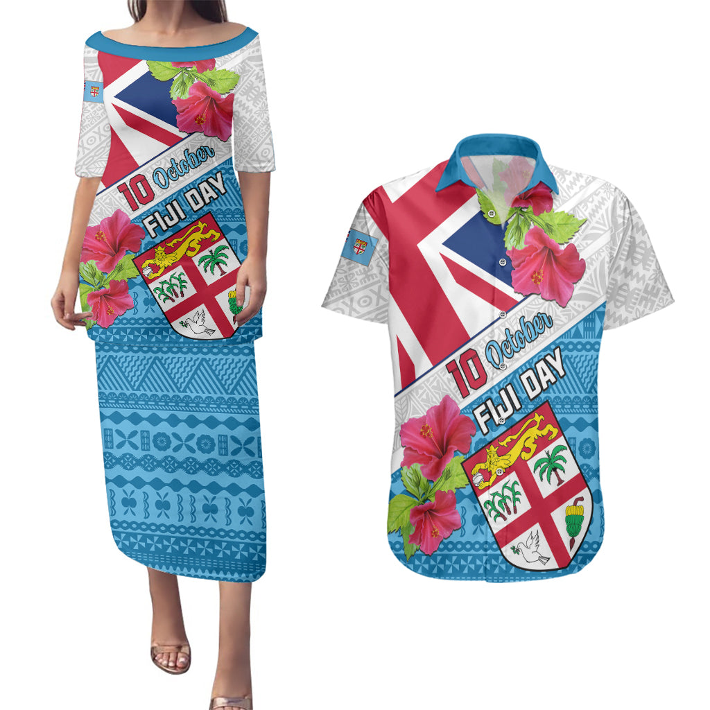 Personalised Fiji Day Couples Matching Puletasi Dress and Hawaiian Shirt Fijian Hibiscus Special Version LT01 White - Polynesian Pride