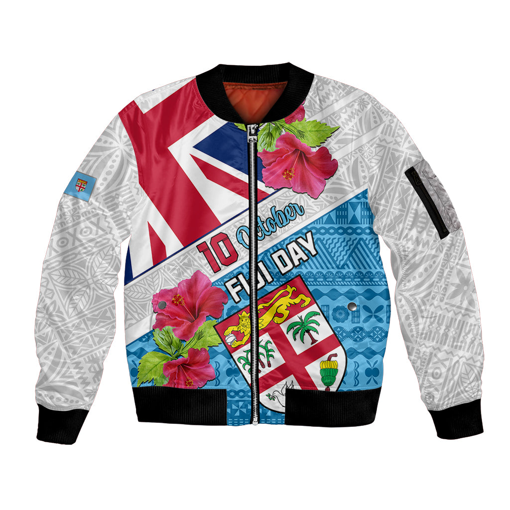 Personalised Fiji Day Sleeve Zip Bomber Jacket Fijian Hibiscus Special Version LT01 Unisex White - Polynesian Pride