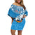 Fiji Off Shoulder Short Dress Bula Fijian Tapa Pattern LT01 Women Blue - Polynesian Pride