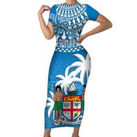 Personalised Fiji Short Sleeve Bodycon Dress Bula Fijian Tapa Pattern LT01 Long Dress Blue - Polynesian Pride