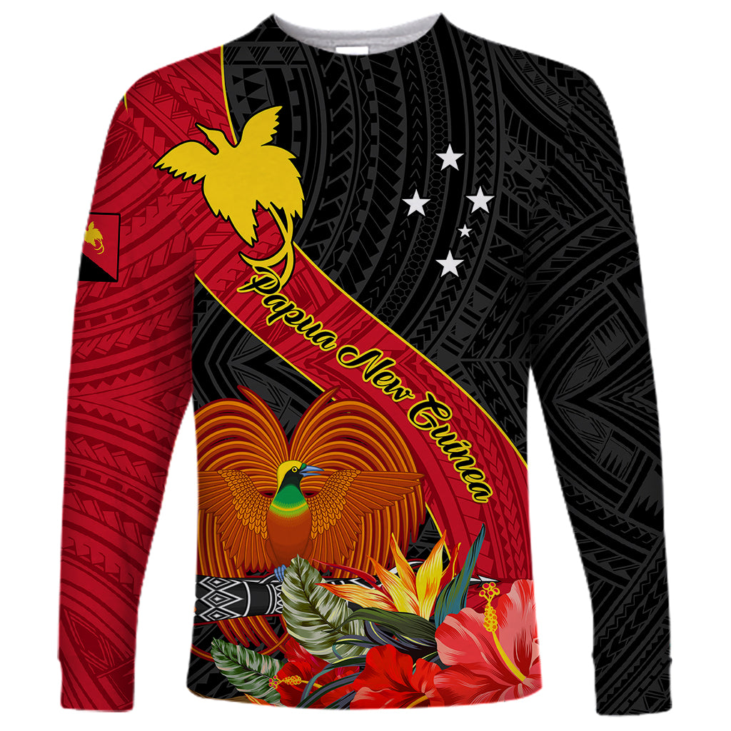 Personalised Papua New Guinea Long Sleeve Shirt Bird Of Paradise With Tropical Flower LT01 Unisex Black - Polynesian Pride