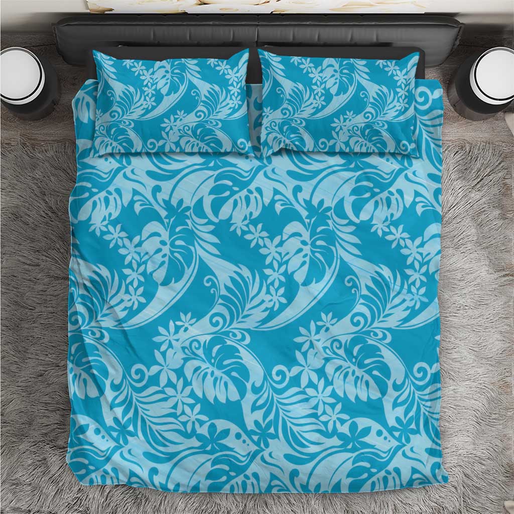 Tahiti Ninamu Tiare Floral Bedding Set Monstera Palm Tropical Leaves LT01 Blue - Polynesian Pride