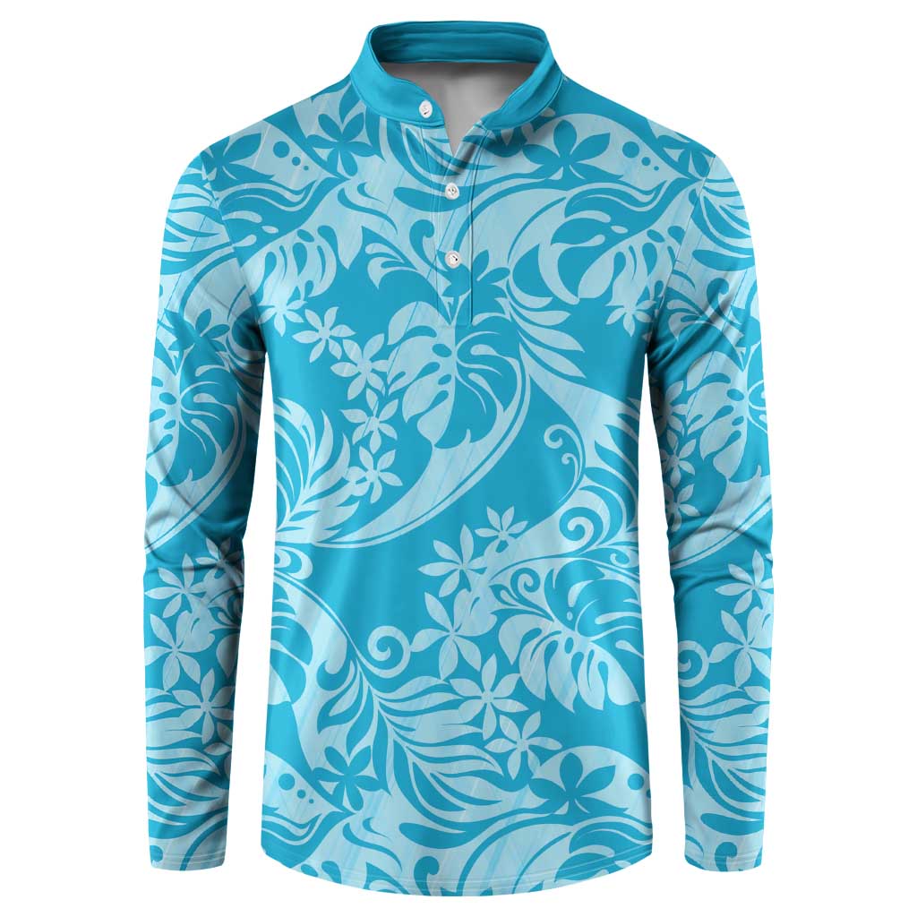Tahiti Ninamu Tiare Floral Button Sweatshirt Monstera Palm Tropical Leaves LT01 Blue - Polynesian Pride