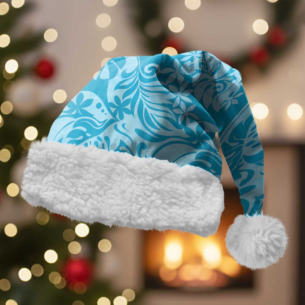Tahiti Ninamu Tiare Floral Christmas Santa Hat Monstera Palm Tropical Leaves LT01 With Fur Blue - Polynesian Pride
