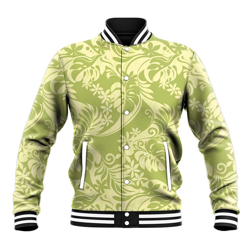 Tahiti Olive Tiare Floral Baseball Jacket Monstera Palm Tropical Leaves LT01 Unisex Olive - Polynesian Pride