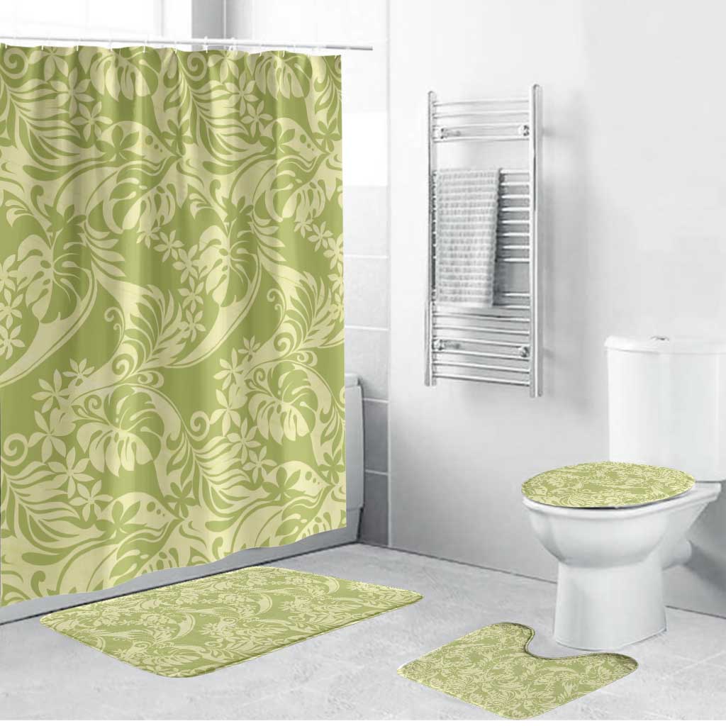Tahiti Olive Tiare Floral Bathroom Set Monstera Palm Tropical Leaves LT01 Bathroom Set (4 pcs) Olive - Polynesian Pride