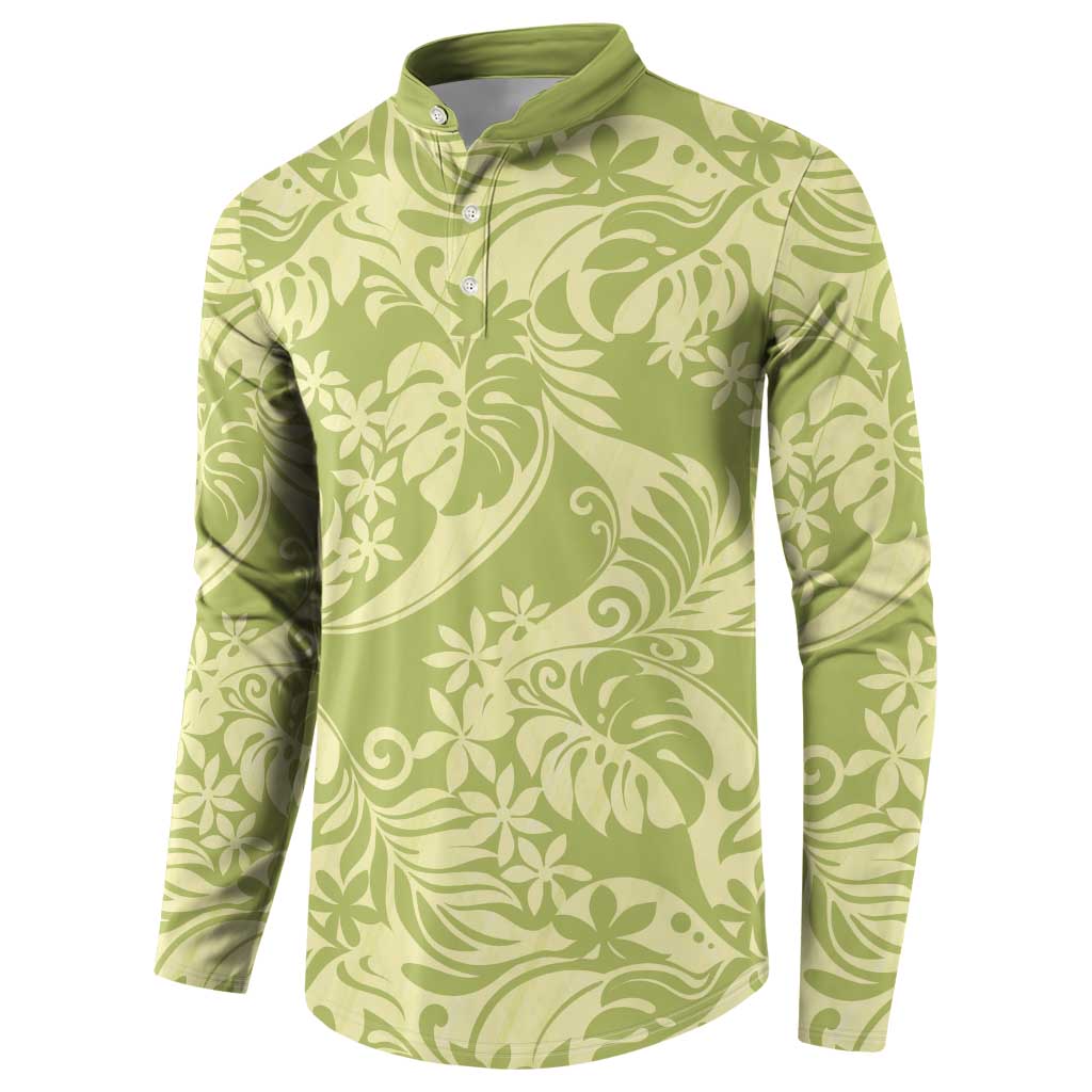 Tahiti Olive Tiare Floral Button Sweatshirt Monstera Palm Tropical Leaves LT01 - Polynesian Pride