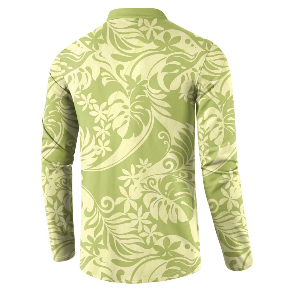 Tahiti Olive Tiare Floral Button Sweatshirt Monstera Palm Tropical Leaves LT01 - Polynesian Pride