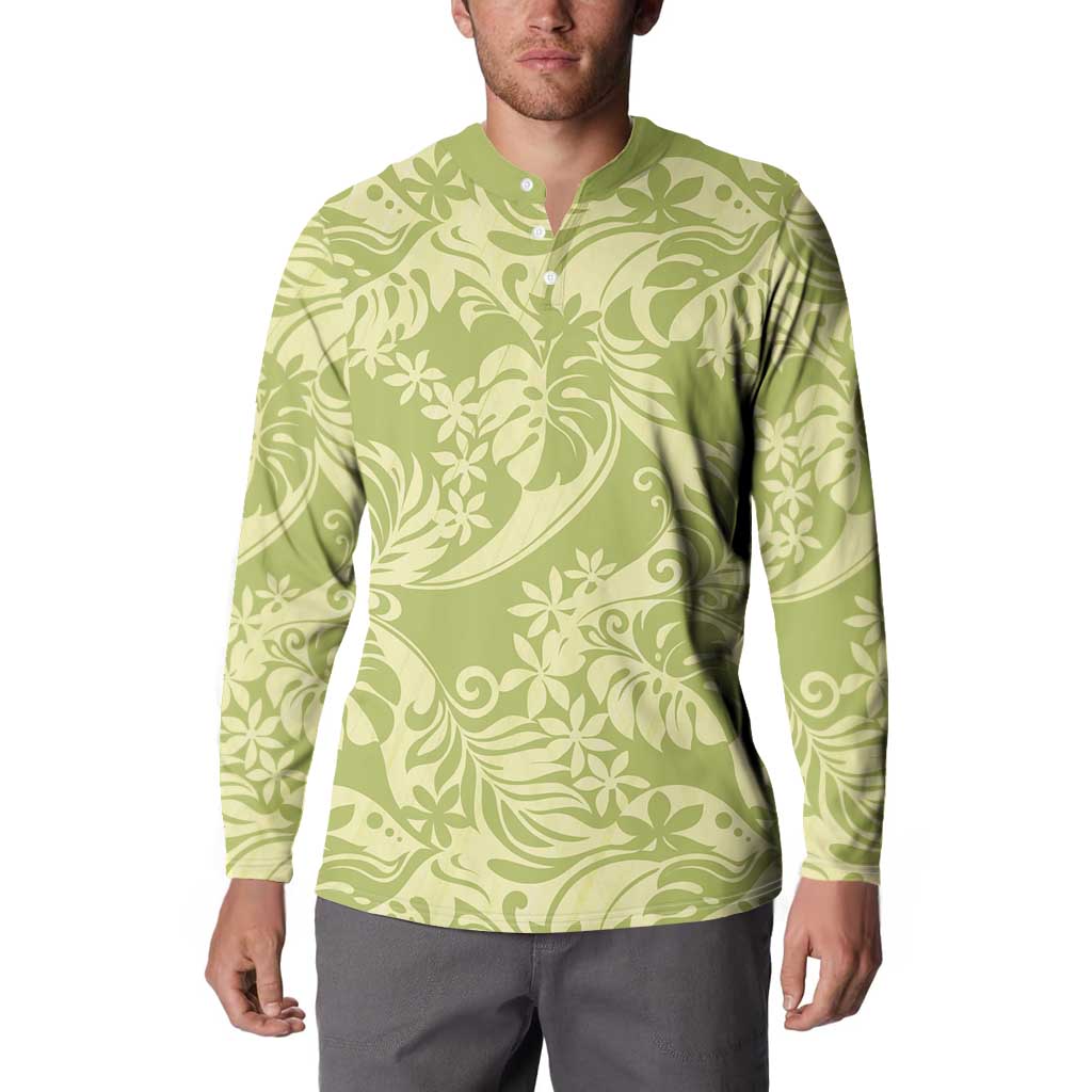 Tahiti Olive Tiare Floral Button Sweatshirt Monstera Palm Tropical Leaves LT01 - Polynesian Pride