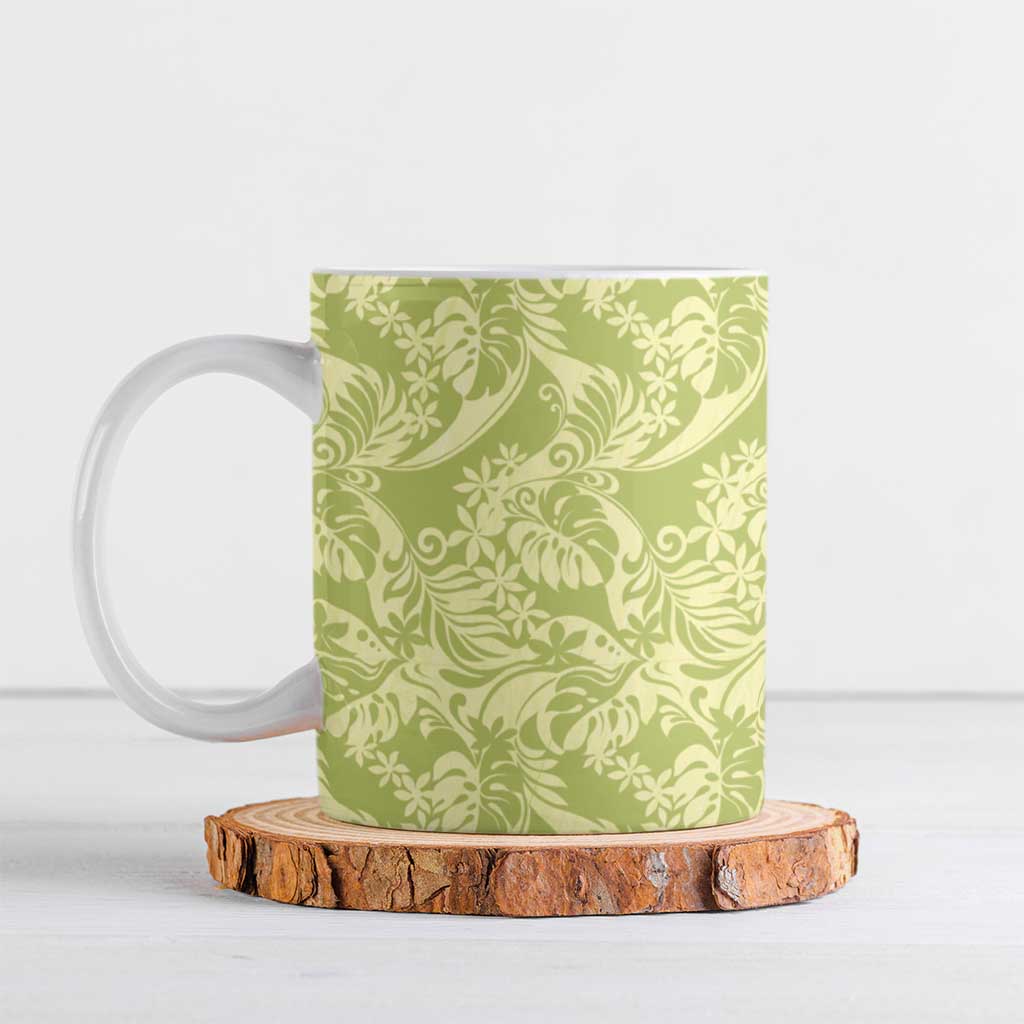 Tahiti Olive Tiare Floral Ceramic Mug Monstera Palm Tropical Leaves LT01 Olive - Polynesian Pride