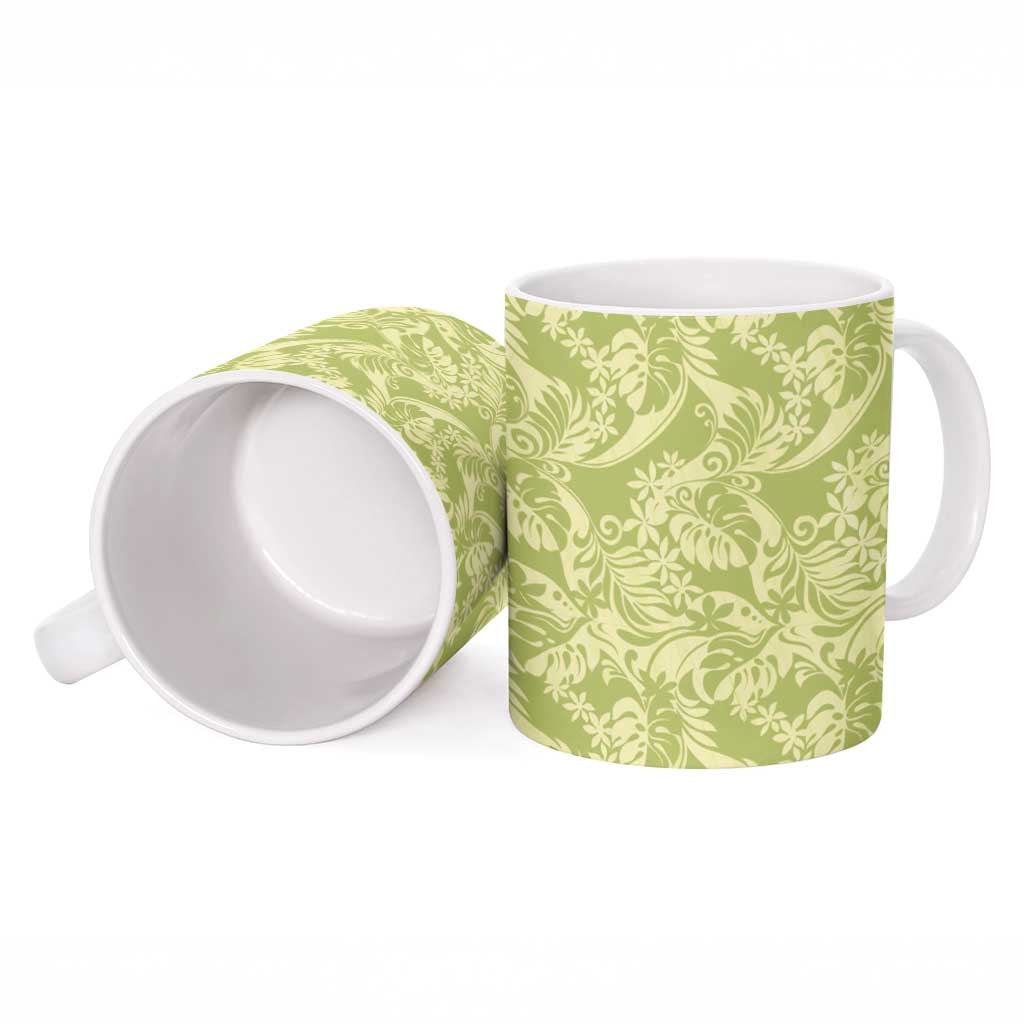 Tahiti Olive Tiare Floral Ceramic Mug Monstera Palm Tropical Leaves LT01 - Polynesian Pride