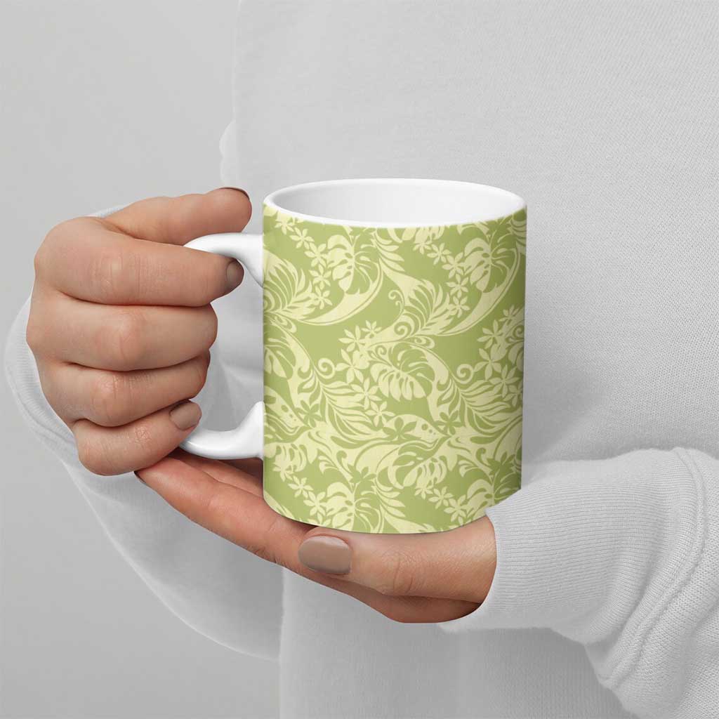 Tahiti Olive Tiare Floral Ceramic Mug Monstera Palm Tropical Leaves LT01 - Polynesian Pride