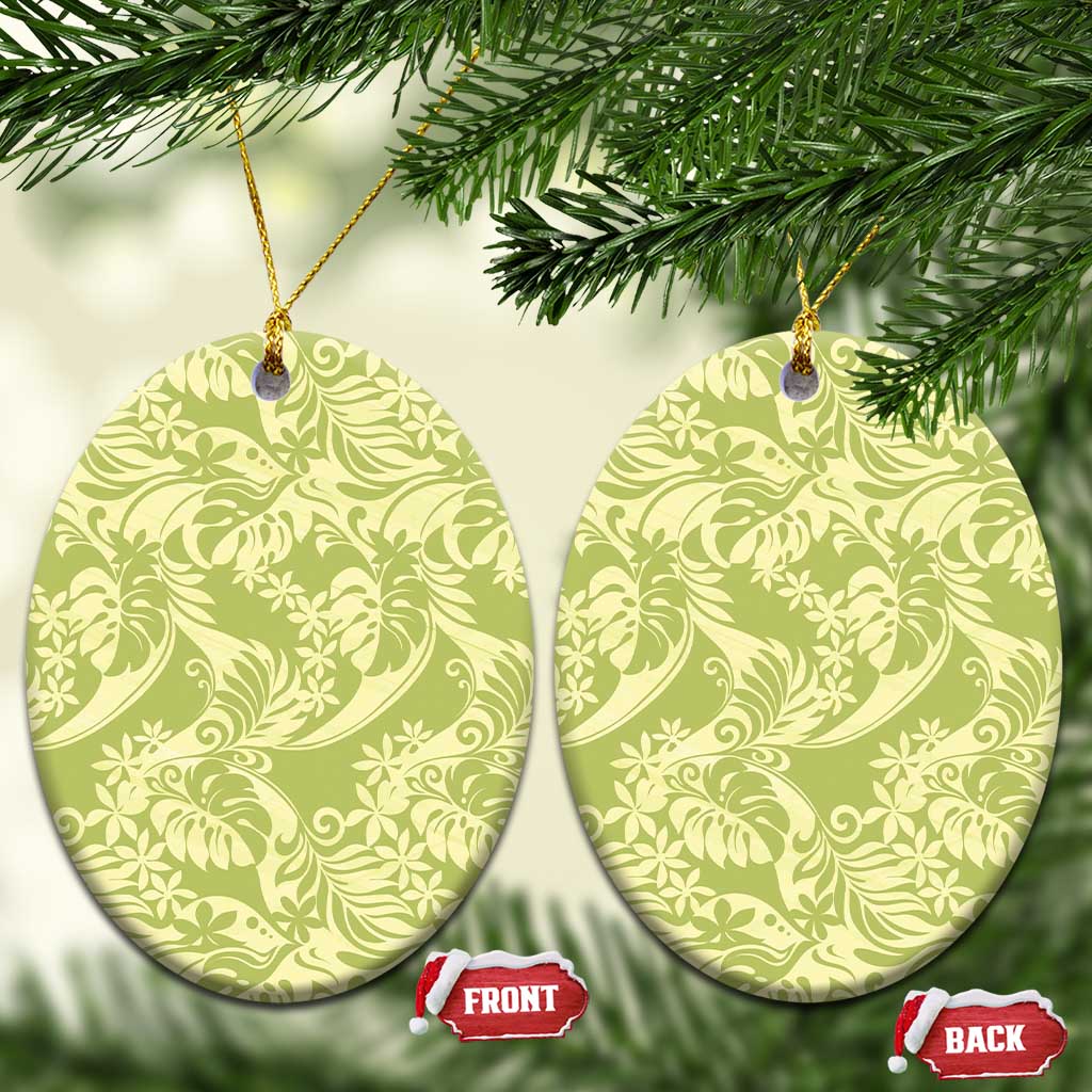 Tahiti Olive Tiare Floral Ceramic Ornament Monstera Palm Tropical Leaves LT01 Oval Olive - Polynesian Pride