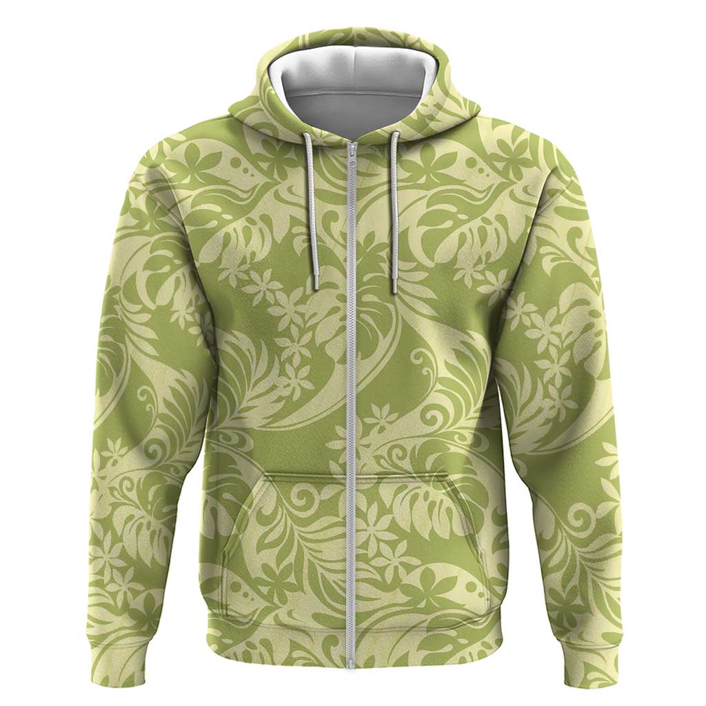 Tahiti Olive Tiare Floral Hoodie Monstera Palm Tropical Leaves LT01 Zip Hoodie Olive - Polynesian Pride