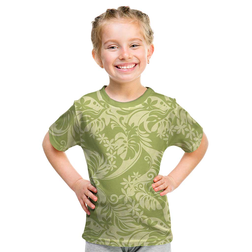 Tahiti Olive Tiare Floral Kid T Shirt Monstera Palm Tropical Leaves LT01 Olive - Polynesian Pride