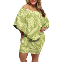 Tahiti Olive Tiare Floral Off Shoulder Short Dress Monstera Palm Tropical Leaves LT01 Women Olive - Polynesian Pride