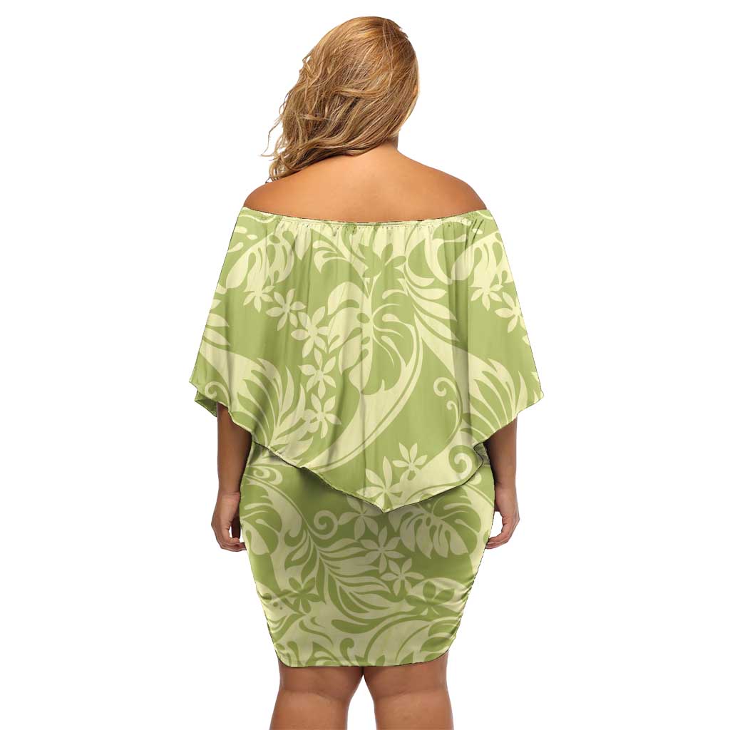 Tahiti Olive Tiare Floral Off Shoulder Short Dress Monstera Palm Tropical Leaves LT01 - Polynesian Pride