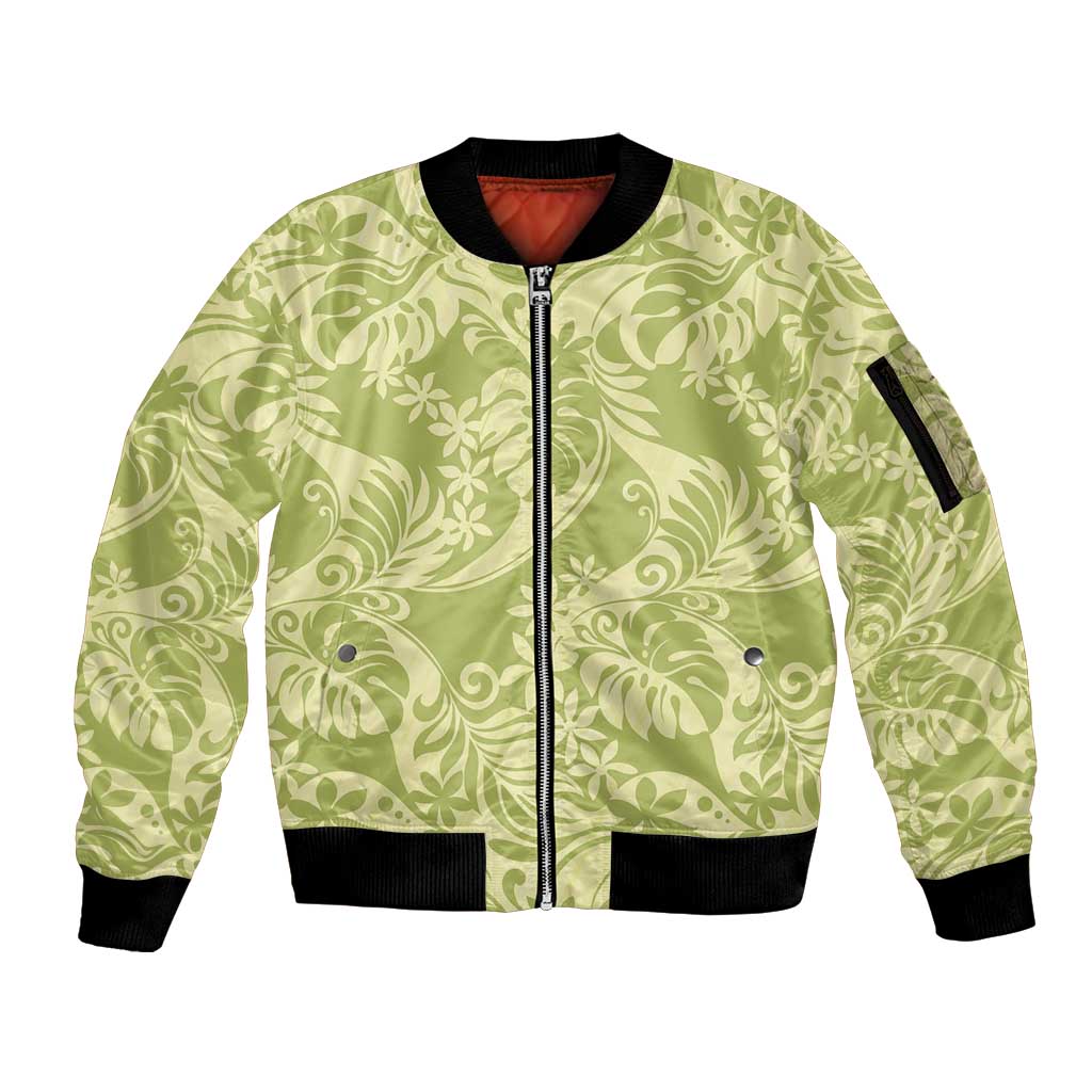 Tahiti Olive Tiare Floral Sleeve Zip Bomber Jacket Monstera Palm Tropical Leaves LT01 Unisex Olive - Polynesian Pride