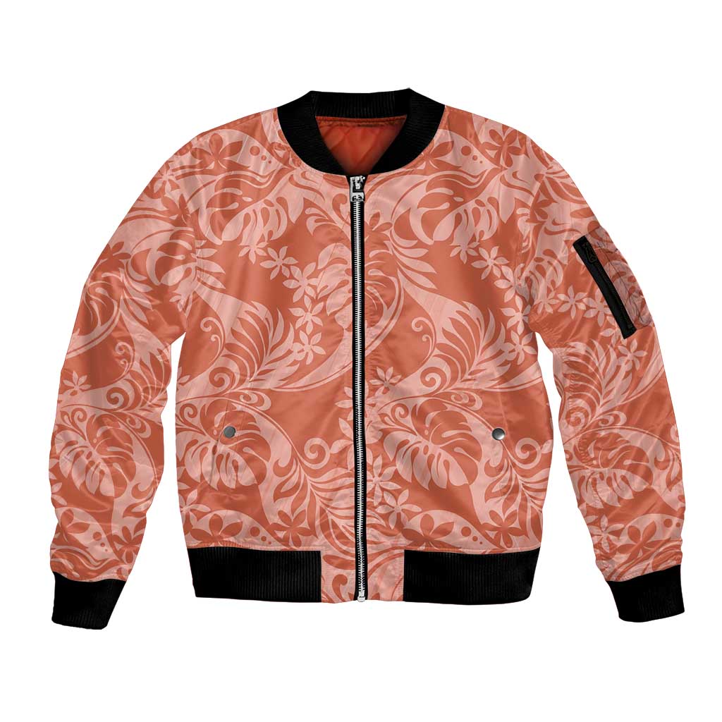 Tahiti Puatou Tiare Floral Sleeve Zip Bomber Jacket Monstera Palm Tropical Leaves LT01 Unisex Orange - Polynesian Pride