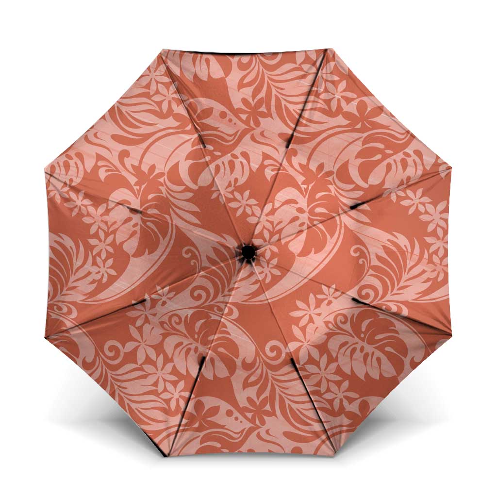 Tahiti Puatou Tiare Floral Umbrella Monstera Palm Tropical Leaves LT01 One Size Folded 11.42 inch Opened Diameter 37.4 inch Orange - Polynesian Pride