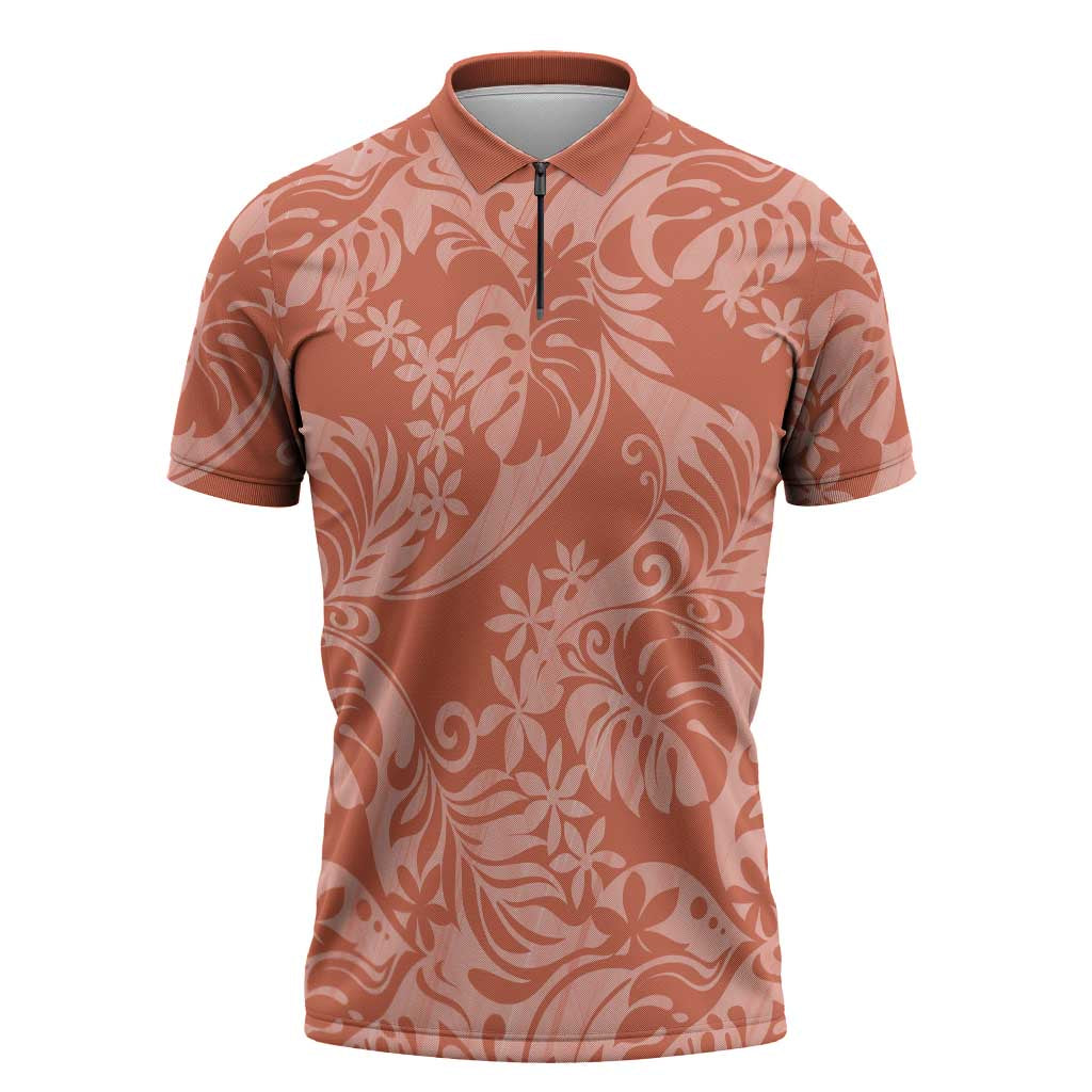 Tahiti Puatou Tiare Floral Zipper Polo Shirt Monstera Palm Tropical Leaves LT01 Orange - Polynesian Pride