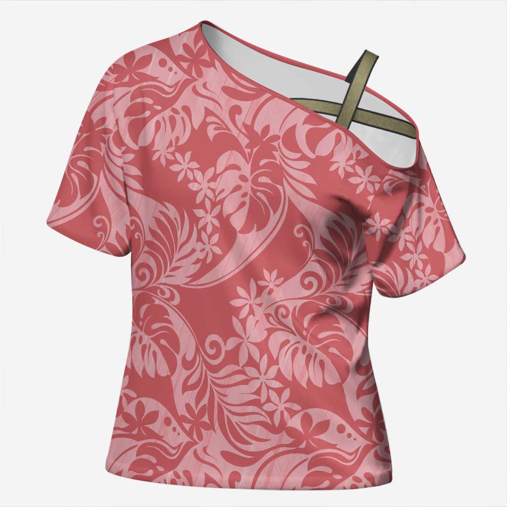 Tahiti Tarona Tiare Floral Cross Shoulder Shirt Monstera Palm Tropical Leaves LT01 Female Pink - Polynesian Pride
